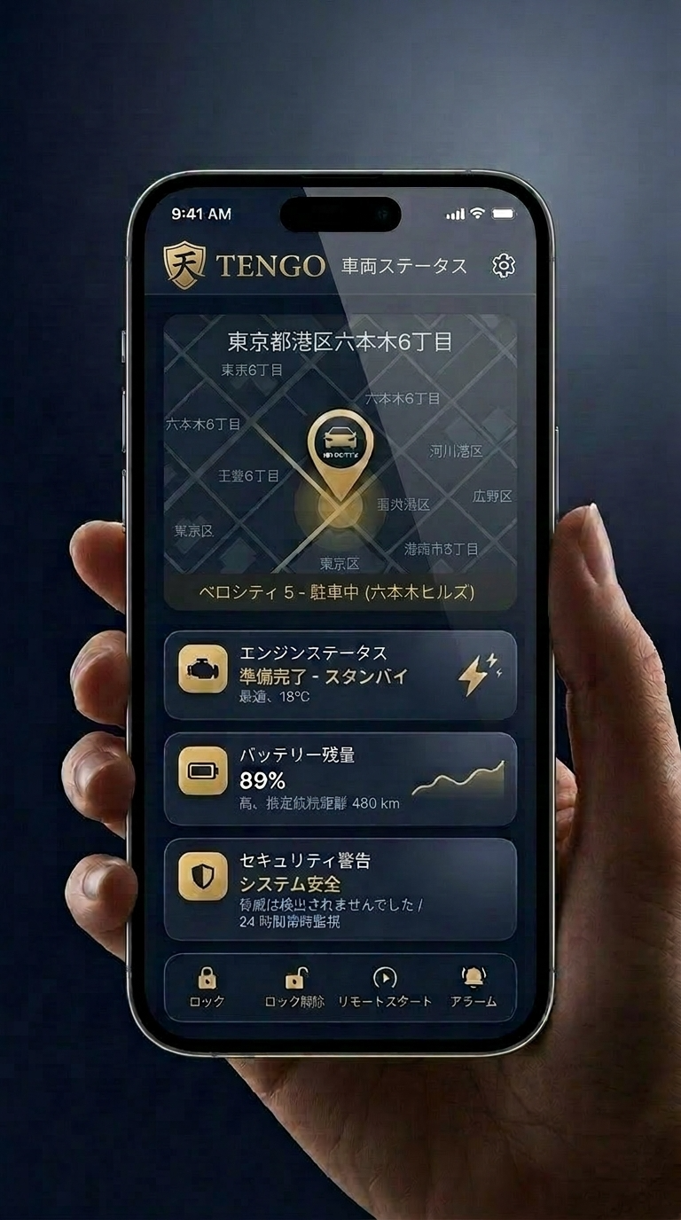 天護アプリの操作画面（リアルタイム追跡・エンジン停止）